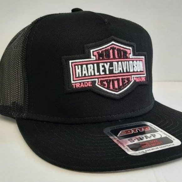 Pink Harley Davidson Embroidered Patch Flat Bill Mesh Snapback Cap Hat Black HD main image 4